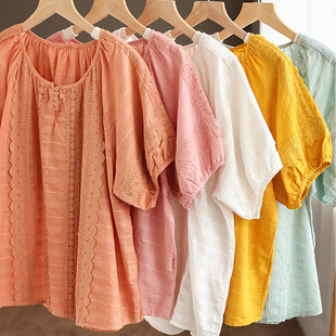 Japanese and Korean Artistic Washed Cotton Solid Color Top Women's Summer Lace Stitching Short-sleeved T-shirt Loose Thin T-shirt