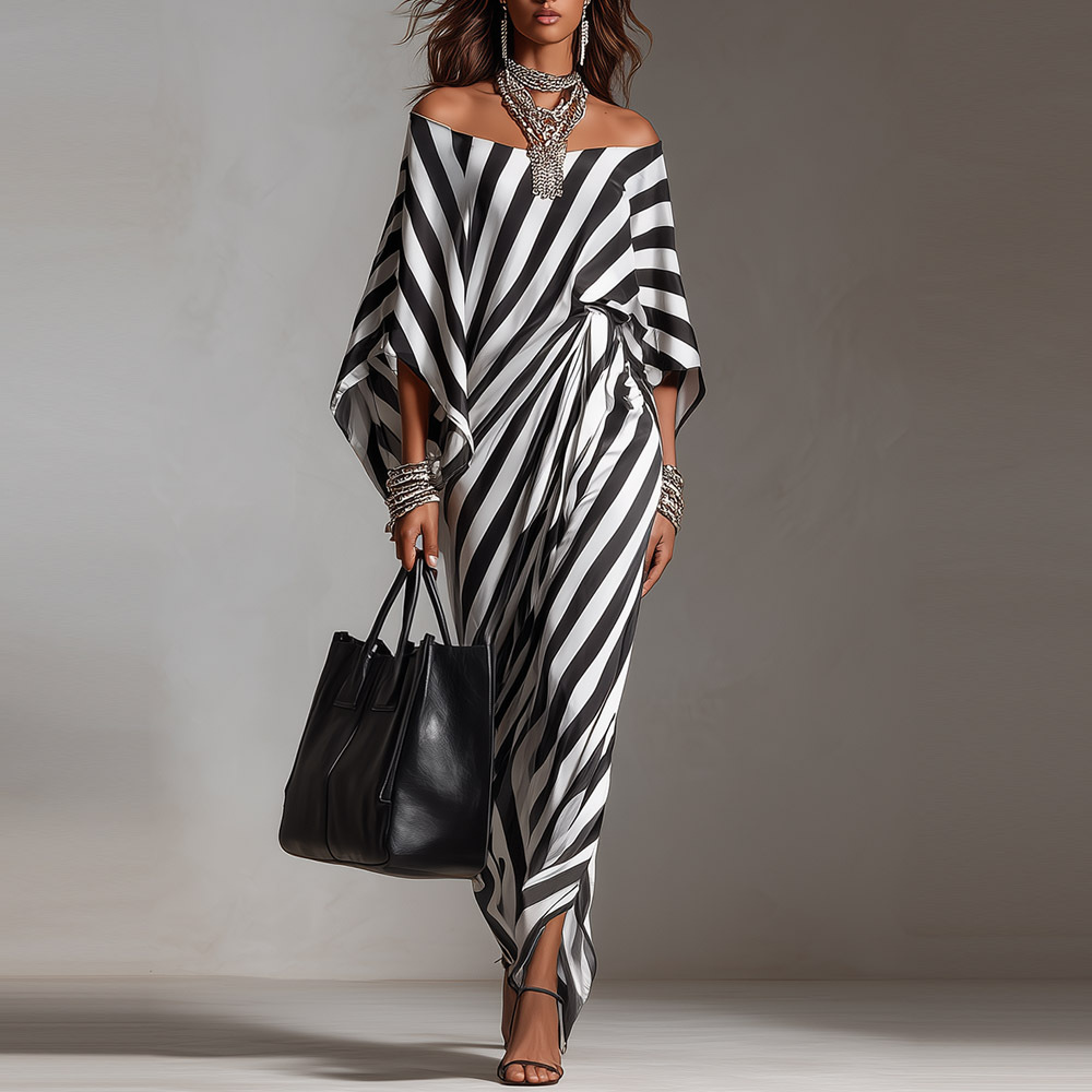 Independent Brand 2026 Spring/Summer European and American Cross-Border Women's Fashion New Loose Striped Off-Shoulder Dress for Women