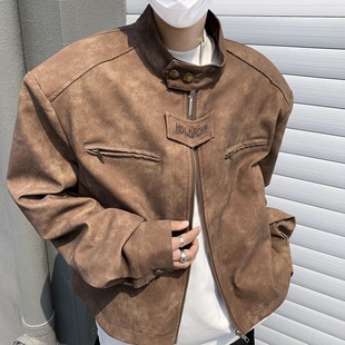 High-end Niche High Street Jacket Boys Short Brown brown Bomber Jacket American Vintage Biker Suit Leather Jacket