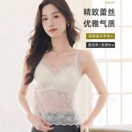 新款性感蕾丝吊带背心女带胸垫缎面双肩带内搭外穿上衣美背内衣