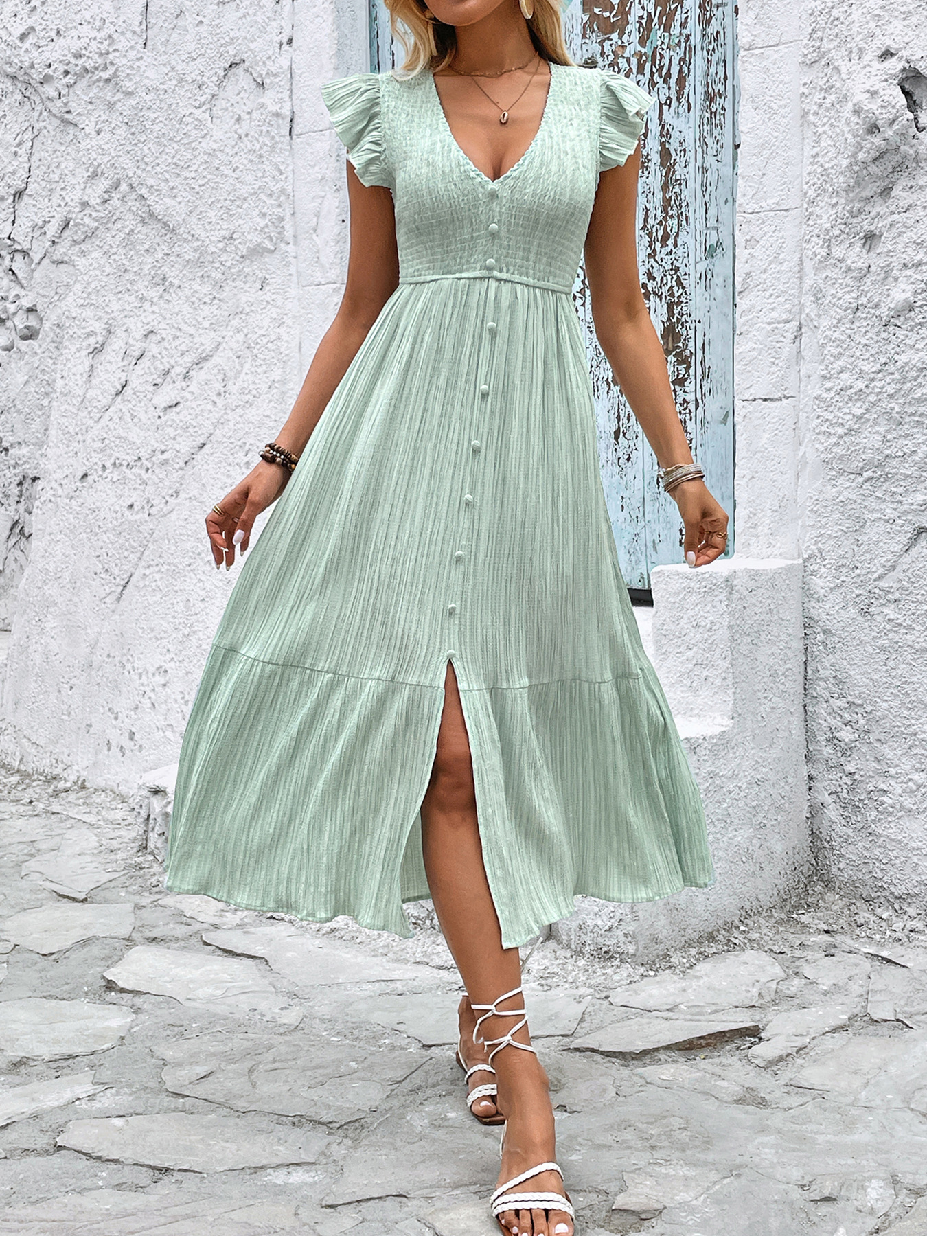 Summer V-Neck Dress With A Fresh, Light Green Texture And A Split Design For Women_ecoleips.com