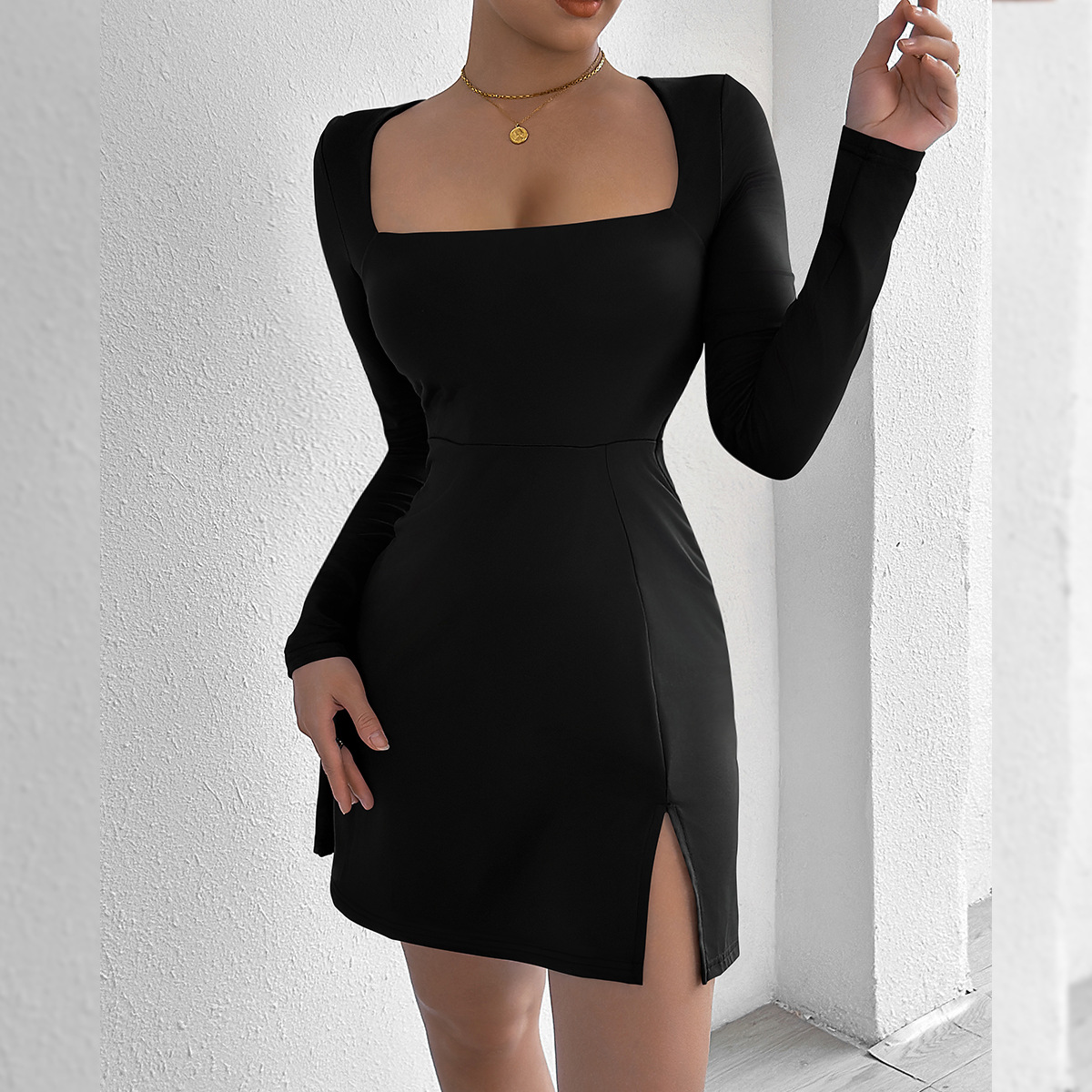 Women's Square Neck Long Sleeve Mini Dress American Style Tight Fit Sexy Fashion Casual Elegant Design For Summer_ecoleips.com