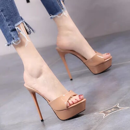 Shallow mouth fashionable outerwear high-heeled sandals  summer new sexy one-step-on sandals women waterproof platform versatile one-piece flip-flops