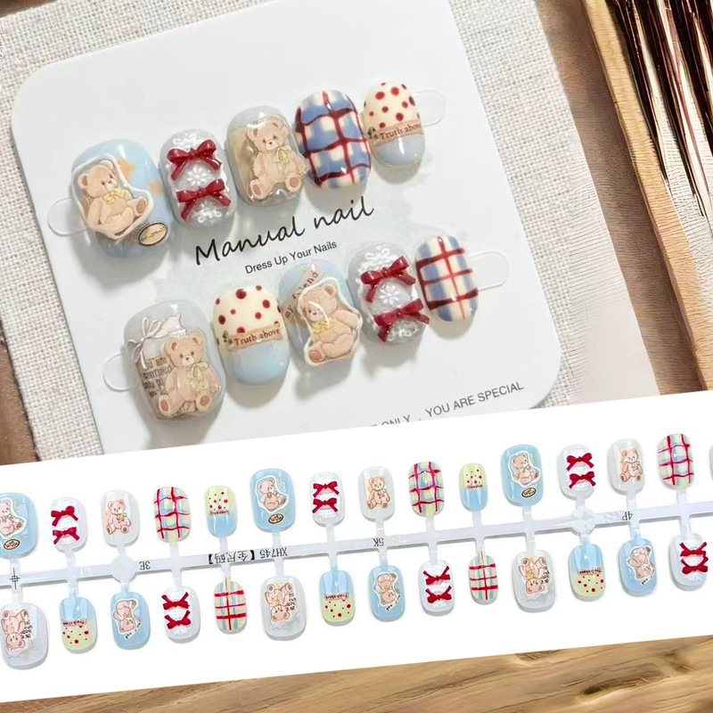 Korean-Style Girly 3D Bowknot Wearable Nails, Fluffy Plaid Bean-Shaped Nail Stickers, Ins-Style Bear Design