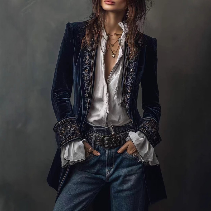 2025 European and American Clothing Amazon Independent Station Aliexpress Long-Sleeved Pure Color Splicing Lace Gold Velvet Jacket