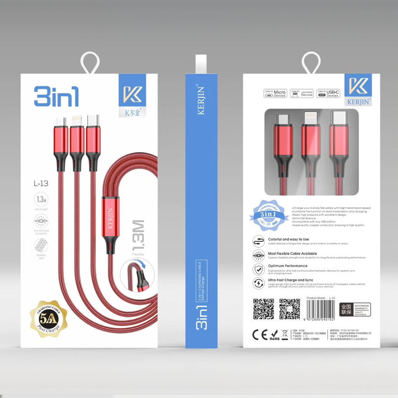 1-in-3-Datenkabel für Android, Apple und Huawei, geflochtenes USB-Schnellladekabel, verlängertes Ladekabel