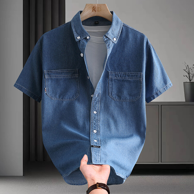 Cotton Denim Short-Sleeved Shirt for Men, Solid Color, Japanese Style, Casual Men's Shirt, Short-Sleeved Top, Stylish Half-Sleeve