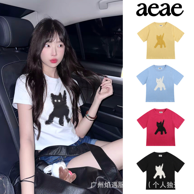 In-Stock Korean Aeae Short-Sleeve Luminous Cat Print T-Shirt Summer Slim-Fit Spicy Girl Crop Top Wholesale