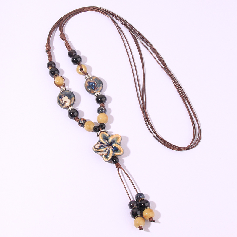 Wholesale Jewelry Retro Plaid Flower Rope Ceramics Long Necklace display picture 5