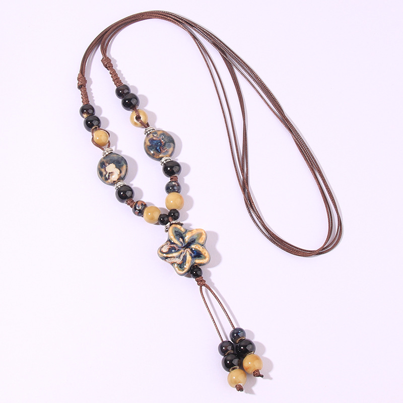Women'S Gender Wholesale Jewelry Retro Plaid Flower Rope Ceramics Long Necklace