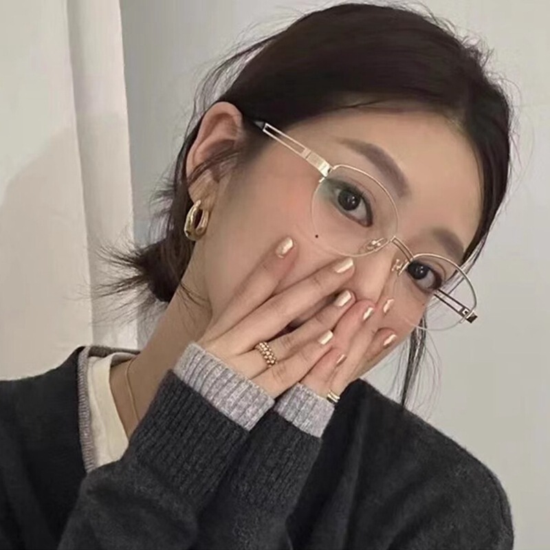 韩版纯欲风椭圆半框金属平光镜女方圆脸高级感可配近视防蓝光眼镜|undefined