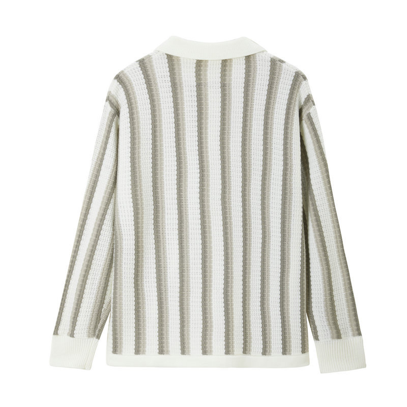 Suéter de hombre a rayas verticales primavera y otoño nuevo estilo retro estilo de Hong Kong con solapa de manga larga casual camisa de punto de tendencia de contraste