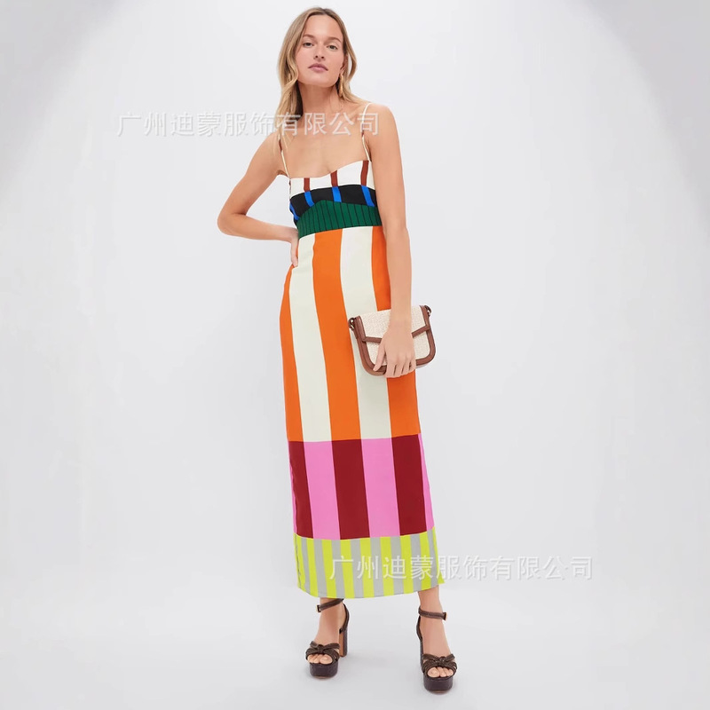 2025 Amazon Europe and the United States cross-border summer new women's striped dress color matching thin split suspender skirt