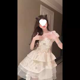 甜美蝴蝶结蓬蓬连衣裙女收腰显瘦夏季小个子超仙约会网纱蓬蓬短裙