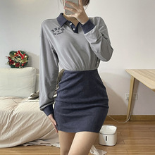 欧美外贸潮流2022春季速卖通新款女装时尚撞色长袖翻领包臀连衣裙