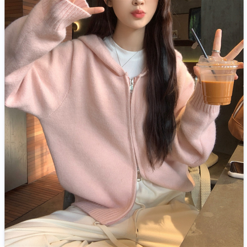 Solid color lazy style hooded cardigan for women 2024 autumn and winter new double zipper knitted sweater jacket for women