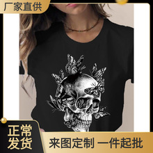 跨境外贸女装 花朵骷髅头可爱上衣女圆领欧美短袖T恤女宽松