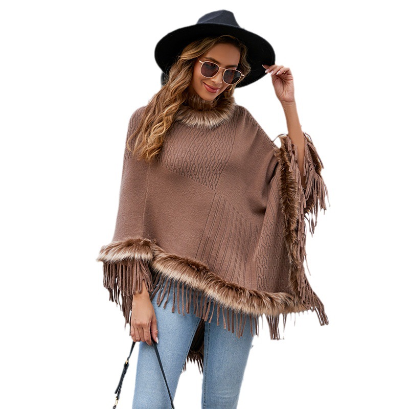 Knitted tassel cape women's solid color pullover loose shawl coat_voghion.com