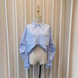 设计感蝴蝶结衬衣女秋冬蓝色短款小个子尖领衬衫外套