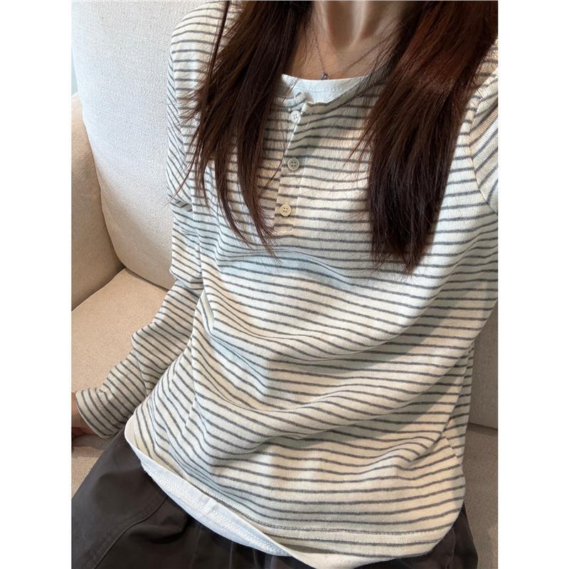 原版面料韩系假两件条纹亨利领长袖t恤女早秋松弛感慵懒宽松上衣|undefined