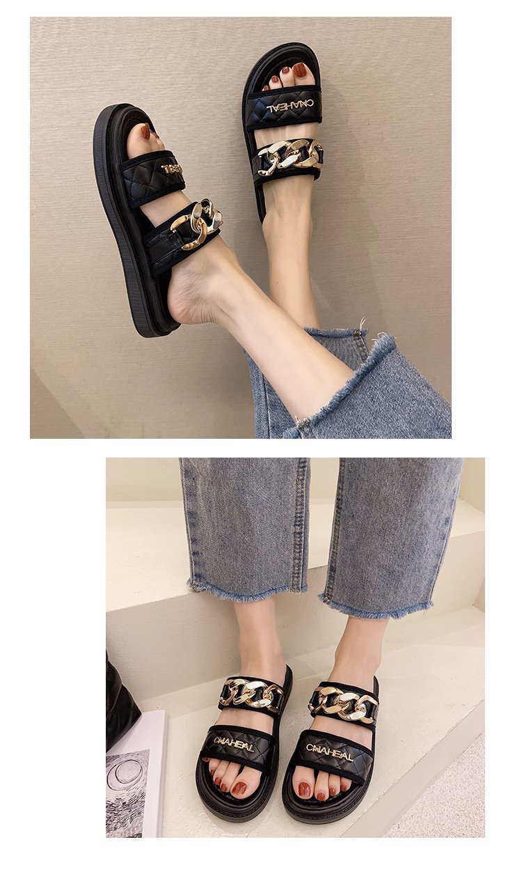 Damen-Oberbekleidung, Keilabsätze, Influencer-Intrend-Sandalen, 2021 neuer Mode-Tanga mit Metallkette und dicker Sohle_voghion.com