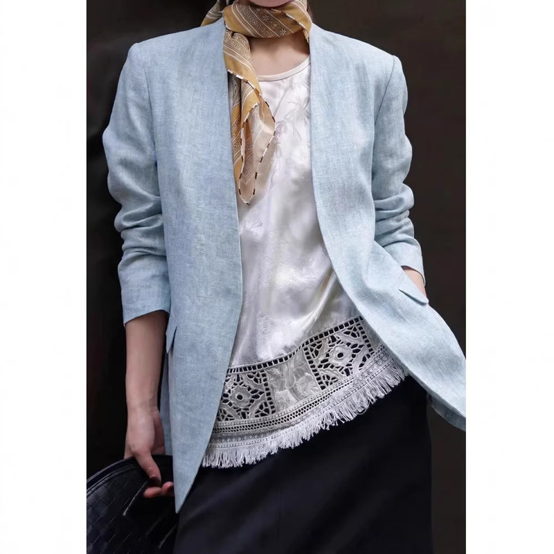 Siyuan Imported Silver Thread Shimmer Linen Blazer 2026 New Style Elegant V-Neck Long Sleeve Top for Women 1238