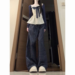 温柔少女风穿搭秋新款针织开衫蝴蝶结吊带上衣格纹阔腿长裤三件套