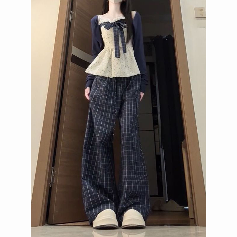 温柔少女风穿搭秋新款针织开衫蝴蝶结吊带上衣格纹阔腿长裤三件套|undefined