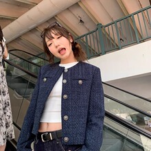 跨境藏蓝色复古宽松长袖上衣休闲风气质潮流短款小香风开衫外套女