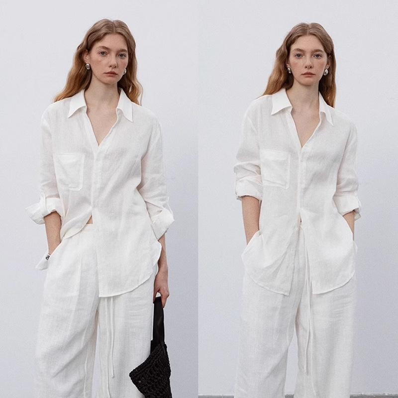 女性用フレンチホワイトリネンシャツ、夏用薄手のルーズオールドマネースタイルコットンとリネンのシャツ、日焼け止めトップ|undefined