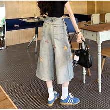 美式破洞小熊刺绣牛仔短裤女高腰夏季新款大码胖mm宽松七分裤中裤