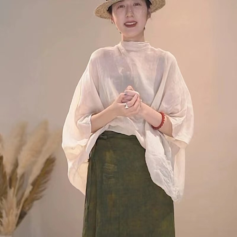 2026 Spring/Summer New Style Handmade Artistic Design Lightweight Ramie Tie-Strap Loose Casual Blouse Solid Color Batwing Shirt