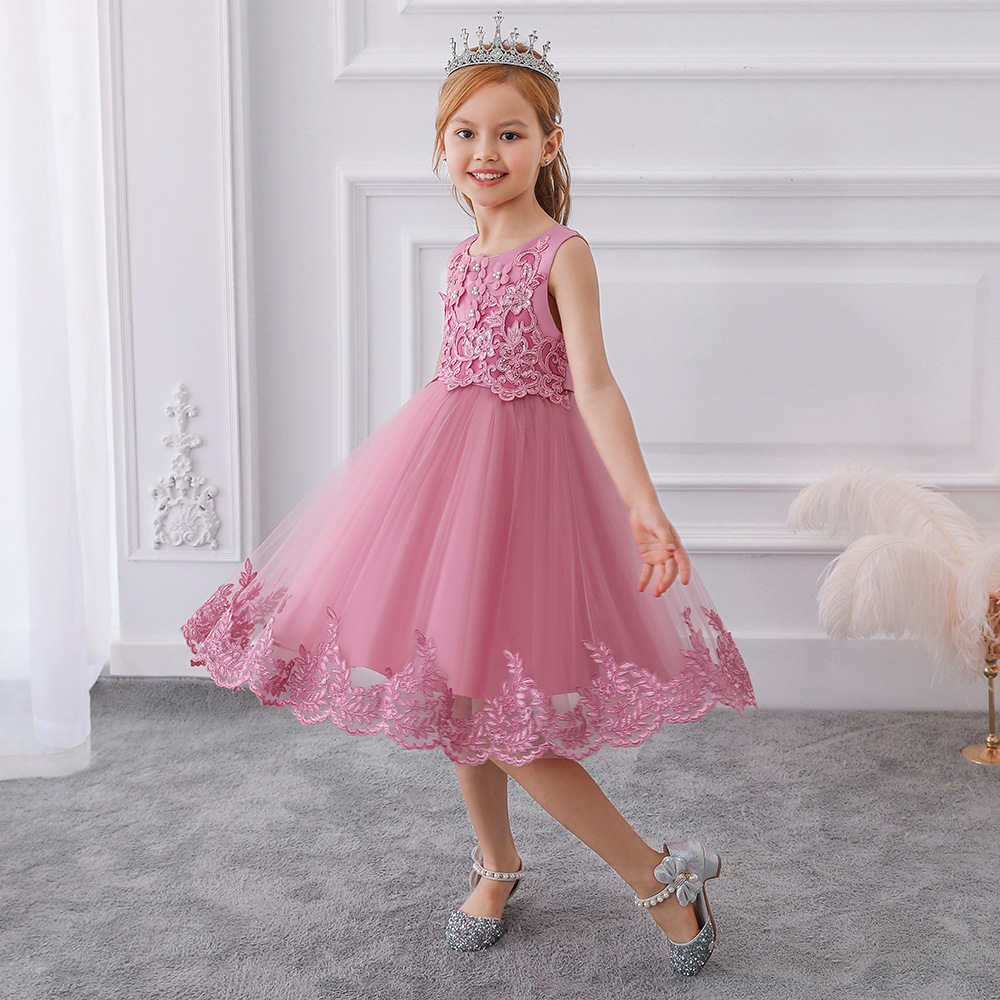2024 New Girls' Dress Dress Beaded Three-Dimensional Embroidered Princess Dress Flower Children's Puffy Wedding Dress Piano Performance Dress