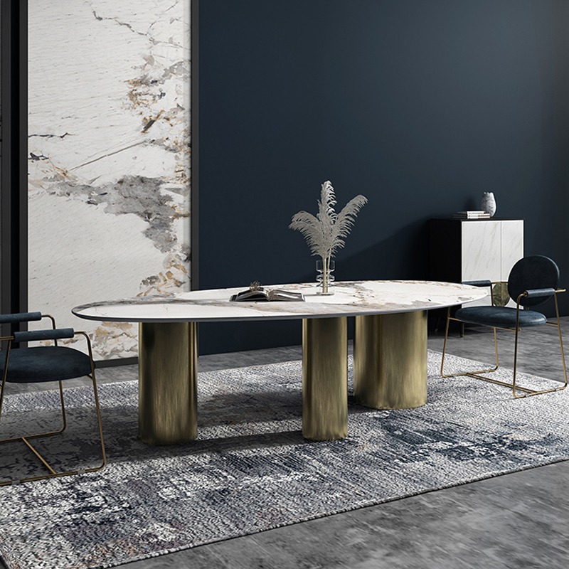 Estilo italiano Luz de lujo gota de agua Placa de roca mesa de comedor moderno diseñador simple pequeño apartamento casa Pandora mesa de comedor ovalada
