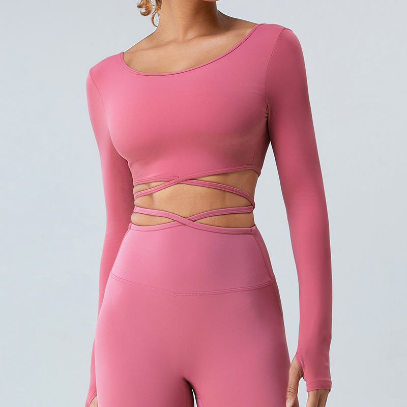 Primavera nueva ropa de yoga de manga larga cruzada de banda fina para mujer corriendo transpirable de secado rápido camiseta deportiva top ropa de fitness