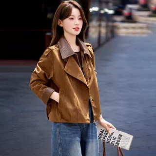 撞色翻领麂皮绒外套女短款春秋季2026新款小个子高端洋气百搭上衣