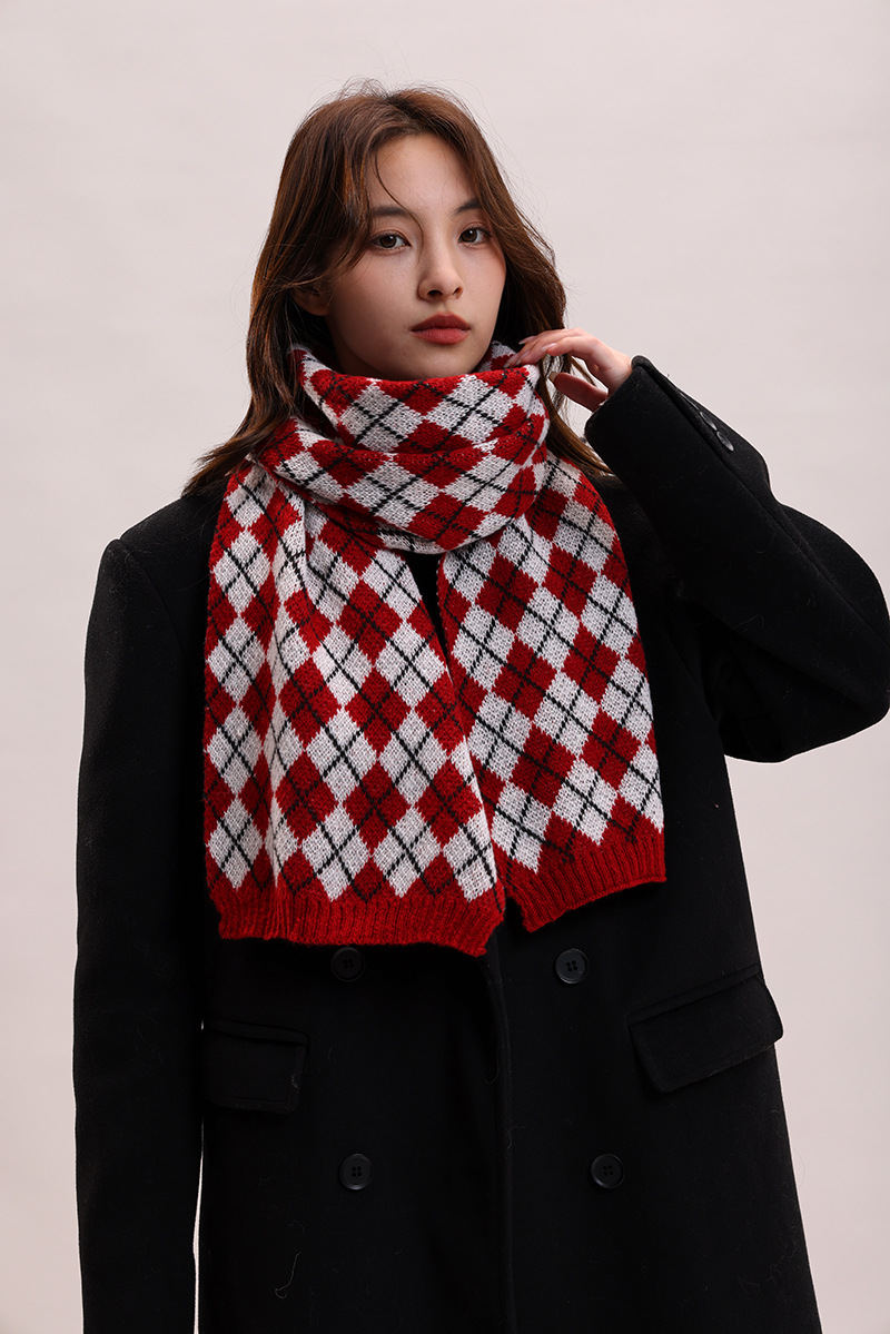 Sciarpa lavorata a maglia autunno inverno nuova con griglia a rombi, collo spesso e caldo, versatile per coppie, morbida_voghion.com