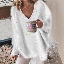 2025秋冬新款欧美跨境独立站爆款V领钉珠纯色套头毛衣女上衣