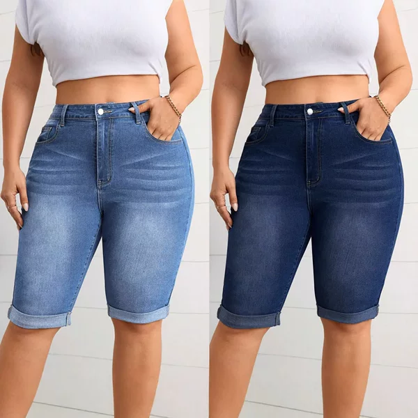 2026 European and American Plus-Size Washed Blue Stretch Denim Shorts, Mid-Waist Slimming Cuffed Shorts, Cross-Border Wholesale
