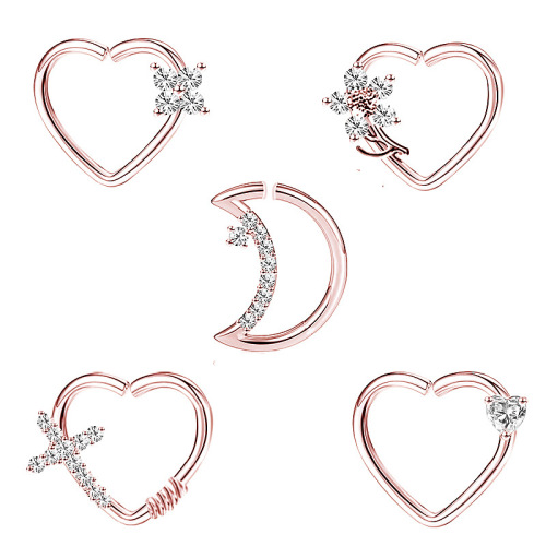 Elegant European and American creative piercing earrings with zirconia and diamonds, heart-shaped moon nose ring, nose ornament piercing jewelry set