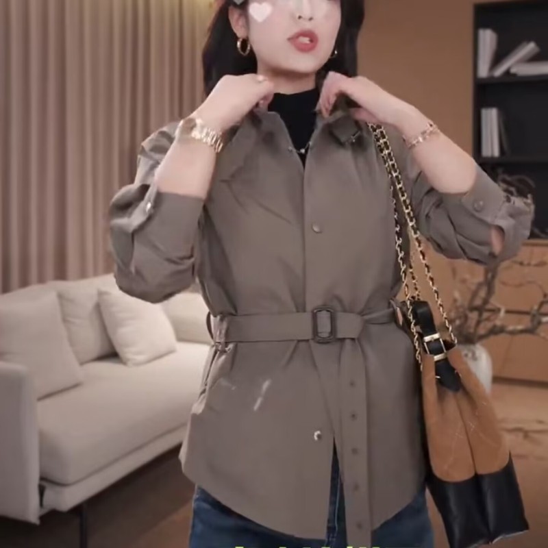 欧货2025秋季新款时尚百搭收腰显瘦翻领纯色休闲夹克风衣外套女潮|undefined
