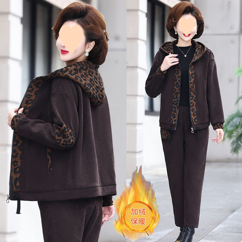 【Full set with velvet】Mom corduroy retro cotton coat middle-aged and elderly women's cotton coat set with velvet thickened two-piece set