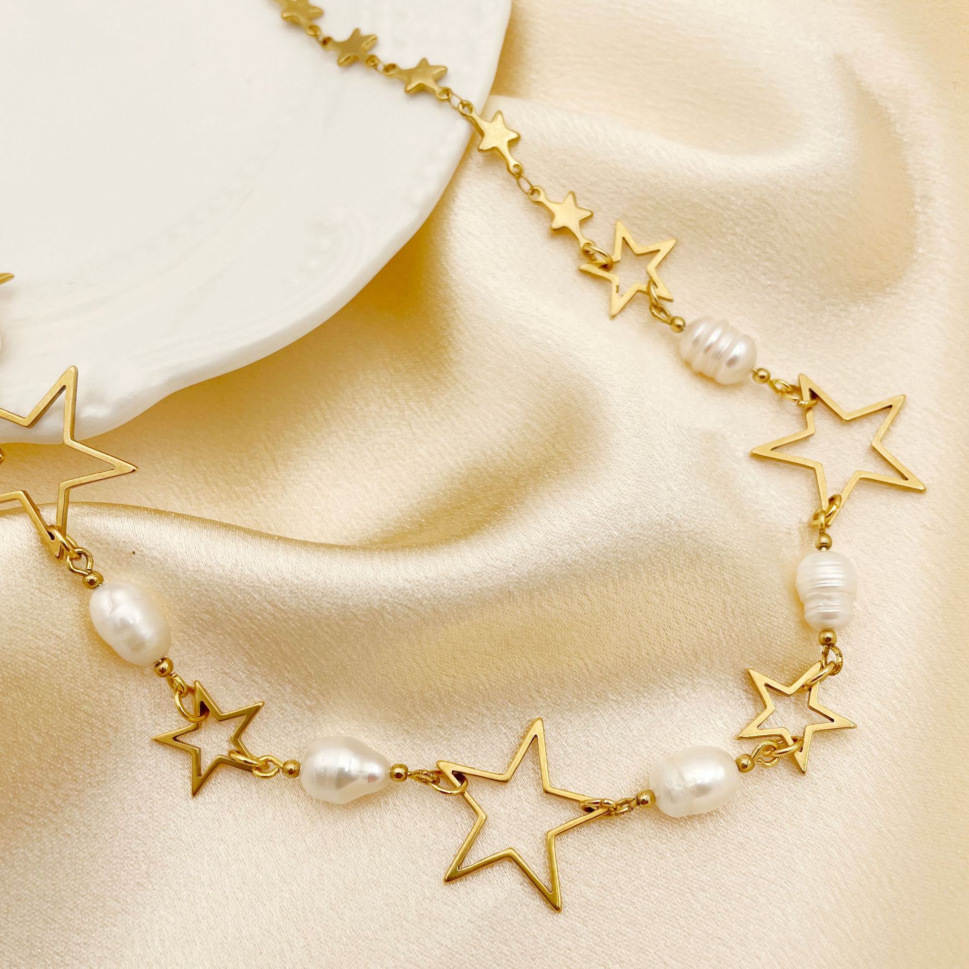 Moda Estrella Acero Inoxidable Embutido Perlas Artificiales Collar display picture 5