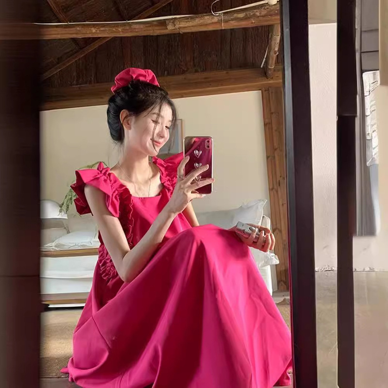 Resort Style Square Collar Fungus Small Flying Sleeve Dress Women's Summer Loose High-Quality Rose Red French Long Skirt
