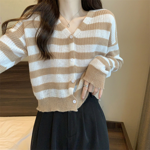 Korean chic autumn small-town lazy style V-neck loose single-breasted buttonhole sheer transparent long-sleeved short-knit sweater for women