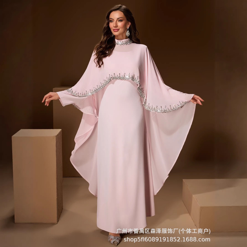 Cross-border light luxury studded stand-collar cape-style evening dress, pink long plus-size dress for high-end banquets