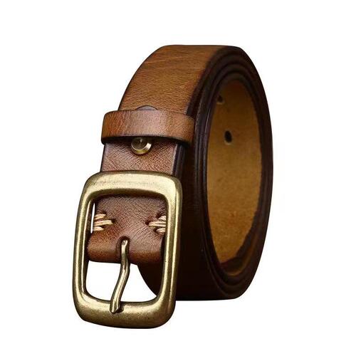 3.3CM wide retro washed first-layer pure cowhide belt for men, genuine leather, Korean version, trendy copper buckle, women's casual belt