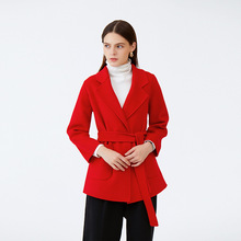 双面呢羊毛大衣红色中长款大口袋系带西装领时尚休闲宽松百搭外套