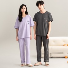 纯棉睡衣情侣短袖长裤圆领套头简约休闲纯色情侣家居服套装春夏款