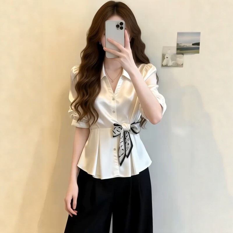 Áo sơ mi lụa trắng kiểu Pháp tay ngắn, thắt lưng lụa, dáng suông gầy — màu trắng chi tiết 1